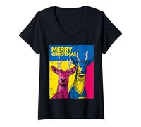 Mujer Reno Pop Art Merry Christmas Xmas - Figura Decorativa navideña Camiseta Cuello V