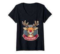 Mujer Reno Vintage Retro Merry Christmas Navidad Navidad Navidad Camiseta Cuello V