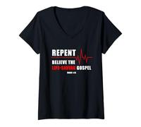 Mujer Repent, Believe The Life-Saving Gospel - Heartbeat EKG Faith Camiseta Cuello V