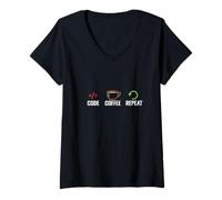 Mujer Repetir el café con código Camiseta Cuello V