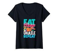 Mujer Reproductor de música Hawaiano Divertido para Repetir Ukelele Eat Sleep Camiseta Cuello V