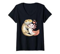 Mujer Reptile Keeper Pet Owner Cute Bearded Dragon Hugging Axolotl Camiseta Cuello V