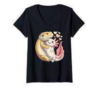 Mujer Reptile Keeper Pet Owner Cute Bearded Dragon Hugging Axolotl Camiseta Cuello V