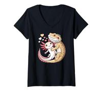 Mujer Reptile Keeper Pet Owner Cute Bearded Dragon Hugging Axolotl Camiseta Cuello V
