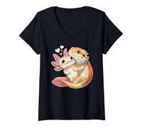 Mujer Reptile Keeper Pet Owner Cute Bearded Dragon Hugging Axolotl Camiseta Cuello V