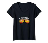 Mujer Requena Spain Vintage Flag Sunglasses Design Camiseta Cuello V