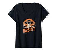 Mujer Resistir OVNI Retro Extraterrestre Abducción Espacio Cósmico UFO Creer Camiseta Cuello V