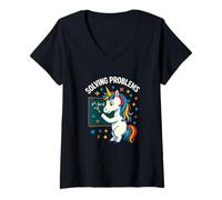 Mujer Resolviendo Problemas Matemáticas Unicornio Gráfico Camiseta Cuello V