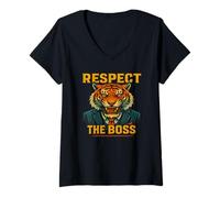 Mujer Respect the Boss Tiger - Gráfico animal motivacional audaz Camiseta Cuello V
