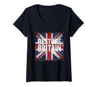 Mujer Restore Britain - Flag UK Conservative Graphic Grunge Camiseta Cuello V