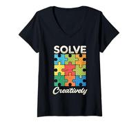 Mujer Resuelve un Pensador de Rompecabezas creativamente Colorido Camiseta Cuello V