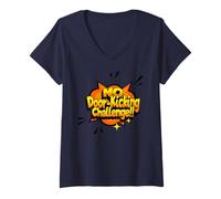 Mujer Reto de patadas de puerta Viral Medios sociales Meme Chiste Humor Camiseta Cuello V