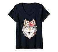 Mujer Retrato artístico de Lobo con Flor roja Camiseta Cuello V