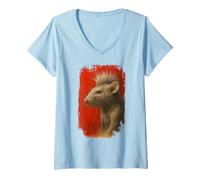 Mujer Retrato de Animales de Rata Punk Estilo Arte rupestre Camiseta Cuello V
