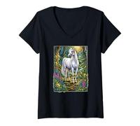 Mujer Retrato de Caballo Blanco Mágico Camiseta Cuello V