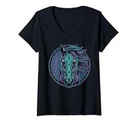 Mujer Retrato de Caballo Estilo Cyberpunk Verde Azulado Púrpura Mandala Circuitry Camiseta Cuello V