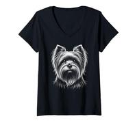 Mujer Retrato de cabeza de Yorkshire Terrier realista en estilo de dibujo Camiseta Cuello V