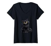 Mujer Retrato de Dibujos Animados de Gato Negro Travieso Camiseta Cuello V