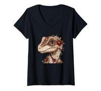 Mujer Retrato de Dinosaurio Floral de Retazos caprichosos Camiseta Cuello V