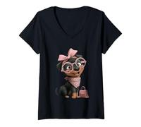 Mujer Retrato de Gafas Redondas de Leopardo Rosa con diseño de Perro Kawaii Camiseta Cuello V