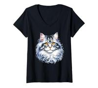 Mujer Retrato de gato siberiano Camiseta Cuello V