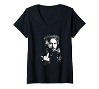 Mujer Retrato de Jesús Rebelde Oscuro Bold Declaración Diseño Camiseta Cuello V