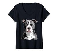Mujer Retrato de Perro Blanco y Negro American Pit Bull Terrier Camiseta Cuello V