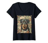Mujer Retrato de Perro Rottweiler Vintage Rottie en un jardín Camiseta Cuello V