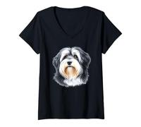Mujer Retrato de Perro Terrier Tibetano Camiseta Cuello V