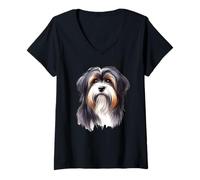 Mujer Retrato de perro terrier tibetano Camiseta Cuello V