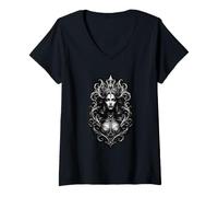 Mujer Retrato Fantasía Corona Plata Reina Hechicera Gótica Oscu Camiseta Cuello V