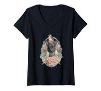 Mujer Retrato Floral de Arte de Perro Negro con pájaro Cantor y peonía Camiseta Cuello V