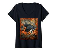 Mujer Retrato Floral de otoño de Perro de montaña de Berna Camiseta Cuello V