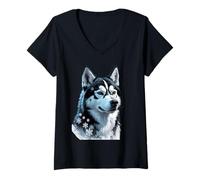 Mujer Retrato Invernal Husky con Copos de Nieve Camiseta Cuello V