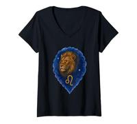 Mujer Retrato León Acuarela Leo Zodiaco Camiseta Cuello V
