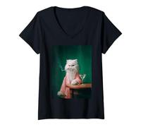 Mujer Retrato Vintage de Gato Persa fumando Camiseta Cuello V