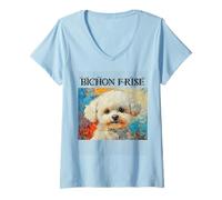 Mujer Retratos Coloridos de Perros franceses - Bichon Frise Camiseta Cuello V