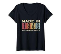Mujer Retro 1948 Todas las piezas originales Vintage Made in 1948 Hombres Mujeres Camiseta Cuello V