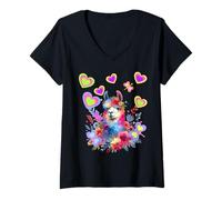 Mujer Retro 60er Lama Flores Corazones Mariposa Llamas Niño Mujer Camiseta Cuello V