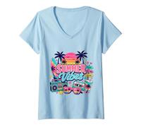 Mujer Retro 80s 90s Nostalgia Summer Beach Vibes Boombox Tabla de Surf Camiseta Cuello V