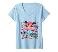 Mujer Retro 80s 90s Nostalgia Summer Vibes Beach Boombox Vacaciones Camiseta Cuello V