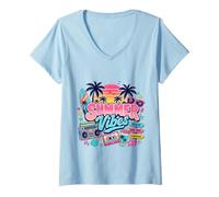 Mujer Retro 80s 90s Nostalgia Summer Vibes Beach Boombox Vacaciones Camiseta Cuello V