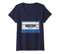 Mujer Retro 80's Music Cassette Tape Pretend Costume Graphic Blue Camiseta Cuello V