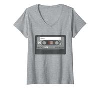 Mujer Retro 80's Music Cassette Tape Pretend Costume Graphic Gray Camiseta Cuello V