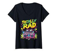 Mujer Retro 80s Totally RAD Boombox Fun Throwback Disfraz de Fiesta Camiseta Cuello V