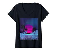 Mujer Retro 80s Vaporwave Palm Trees Sunset - Synthwave Art tee Camiseta Cuello V