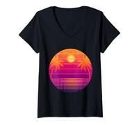 Mujer Retro 80s Vaporwave Palm Trees Sunset - Synthwave Art tee Camiseta Cuello V