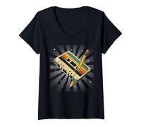 Mujer Retro 90s 80s Vintage Music Nostalgic Cassette Tape Pencil Camiseta Cuello V