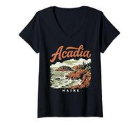 Mujer Retro Acadia National Park Vintage Style Maine Shore Camiseta Cuello V