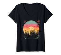 Mujer Retro al Aire Libre Desierto Oso árboles reflexión Bosque Camiseta Cuello V